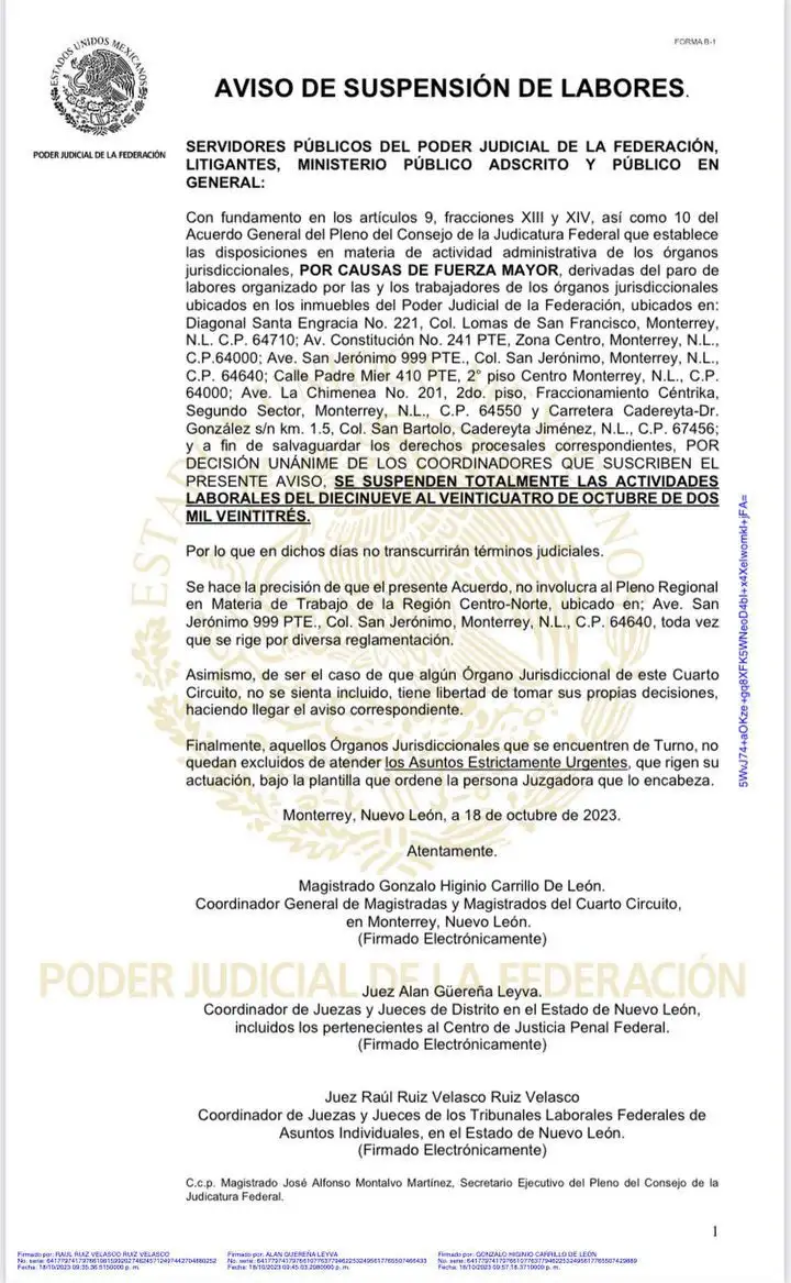 Empleados del PJF extenderán paro de labores